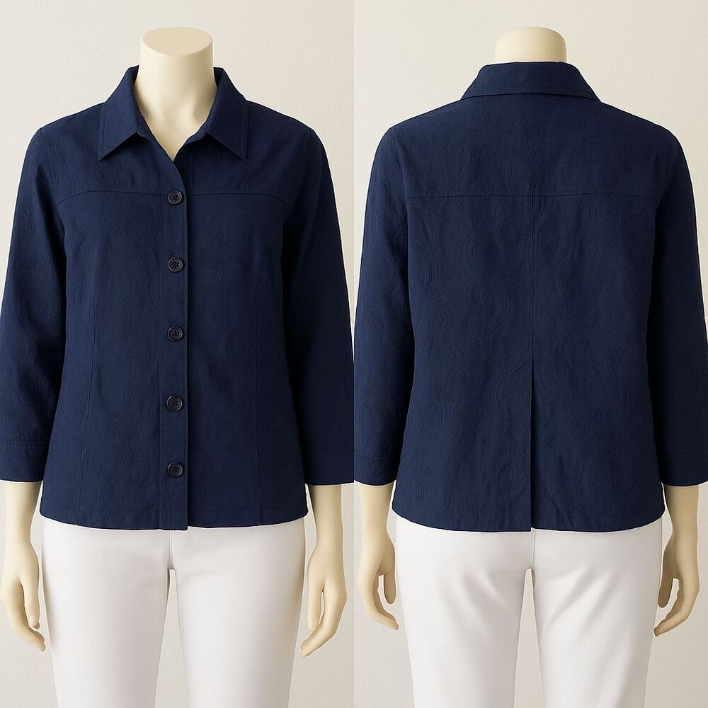 Chico’s Swing Jacket Embroidered Button-Front Coat – Blue, Size 0 (Small), 3/4 S
